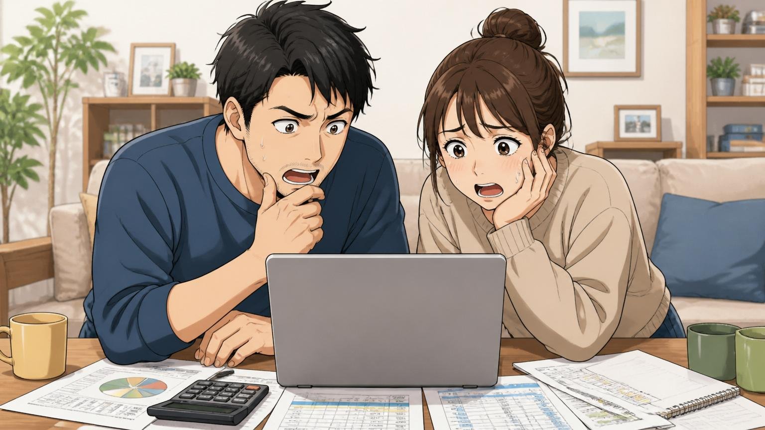自宅のリビングで夫婦2人がノートPCを覗き込んで家計と転職の比較表を作っている