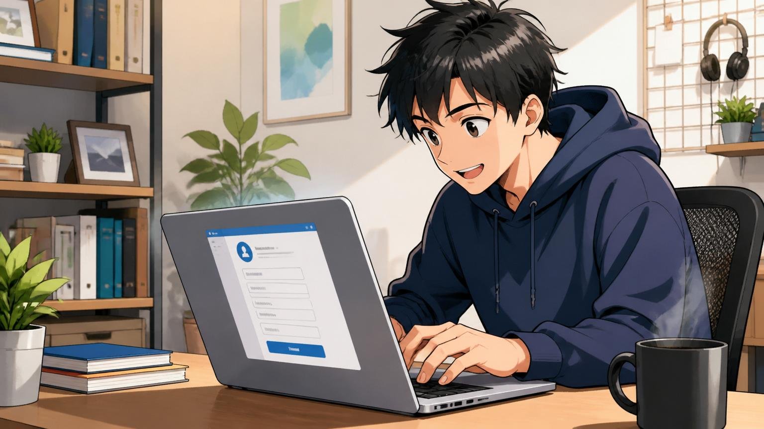 自宅のデスクで20代男性エンジニアがノートPCでエージェント登録画面を入力している場面、画面の傍らにコーヒーカップ