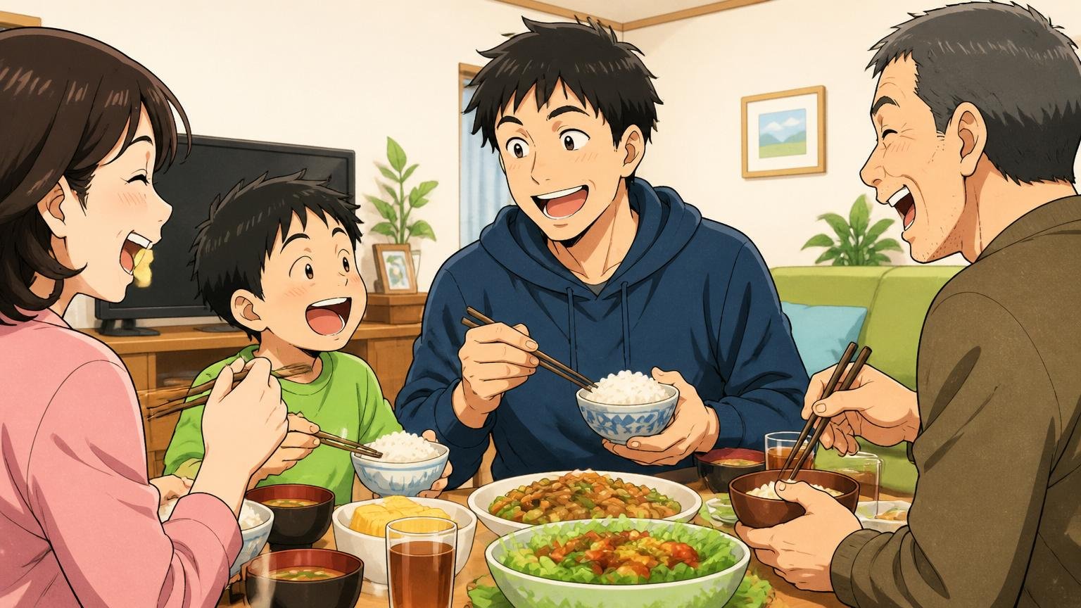 自宅のリビングで家族と夕食を囲む30代男性エンジニアの幸せそうな表情