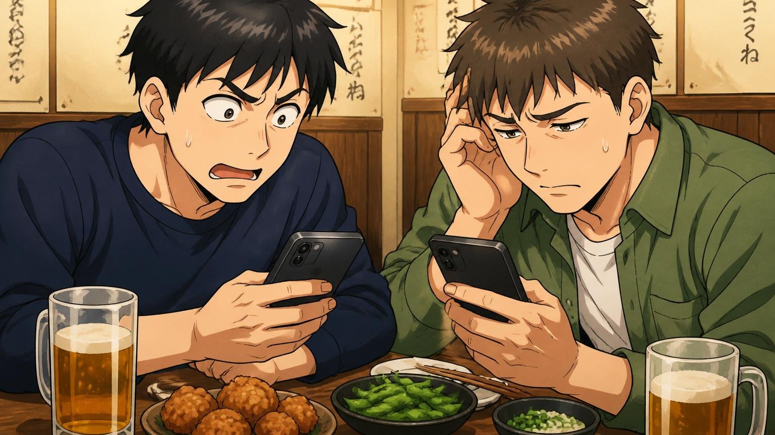 居酒屋で同年代の友人2人がそれぞれの年収を比べてしまい複雑な表情になる飲み会のシーン