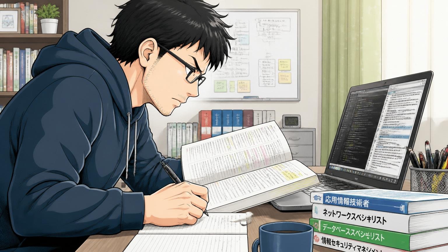 自宅のデスクで資格試験のテキストとPCに向かう30代エンジニアの集中した横顔