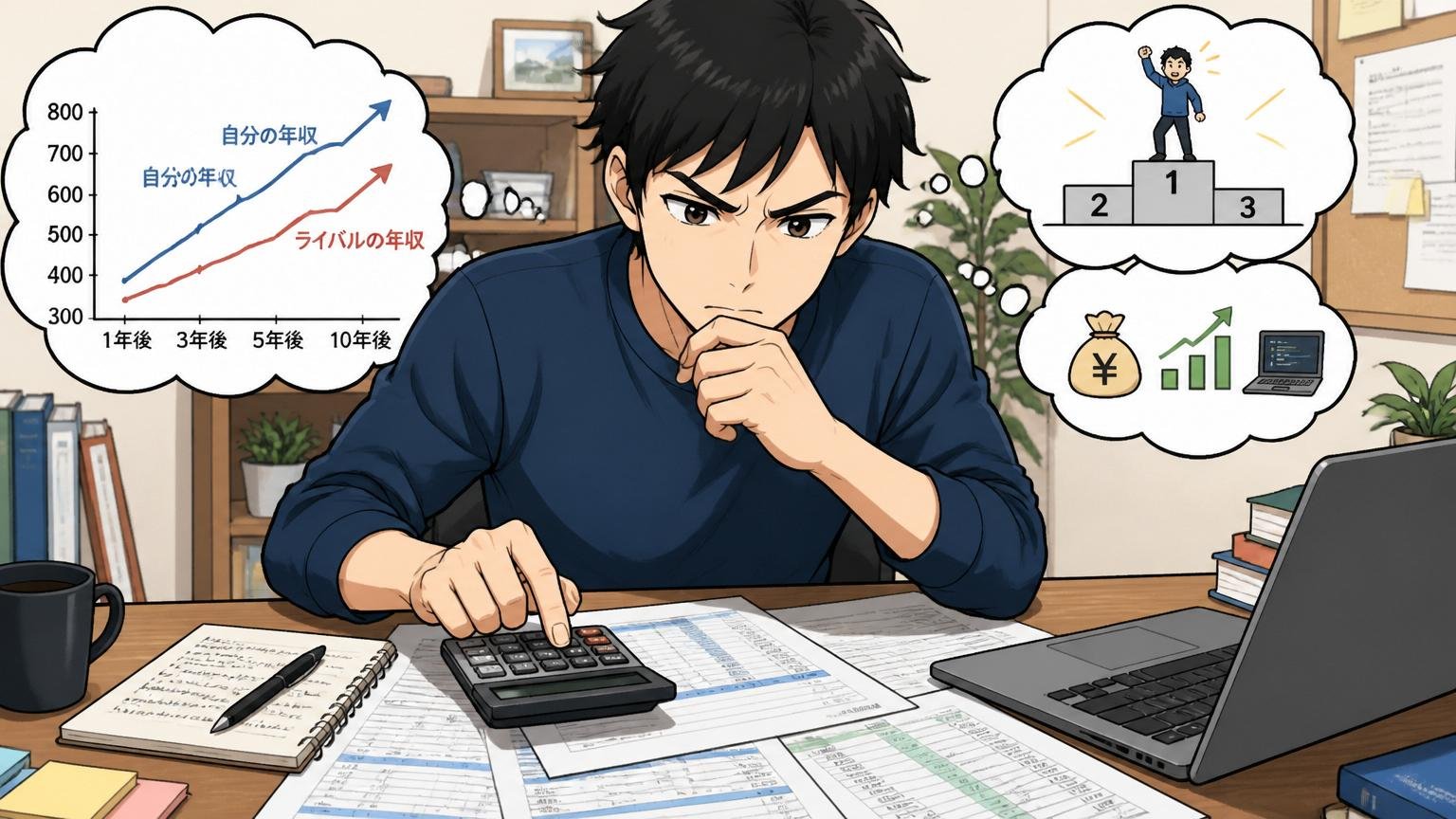 昇給ペースで逆転できるか試算する自宅のデスクで電卓と給与シートを広げて試算するエンジニア1人真剣な表情