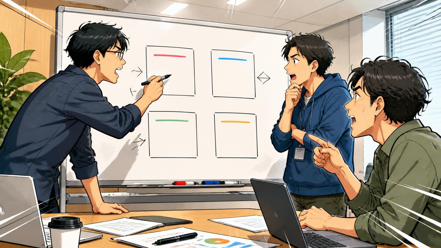 企業の会議室で4つの判断軸を書き出すホワイトボードを囲む30代エンジニア3名、真剣な議論