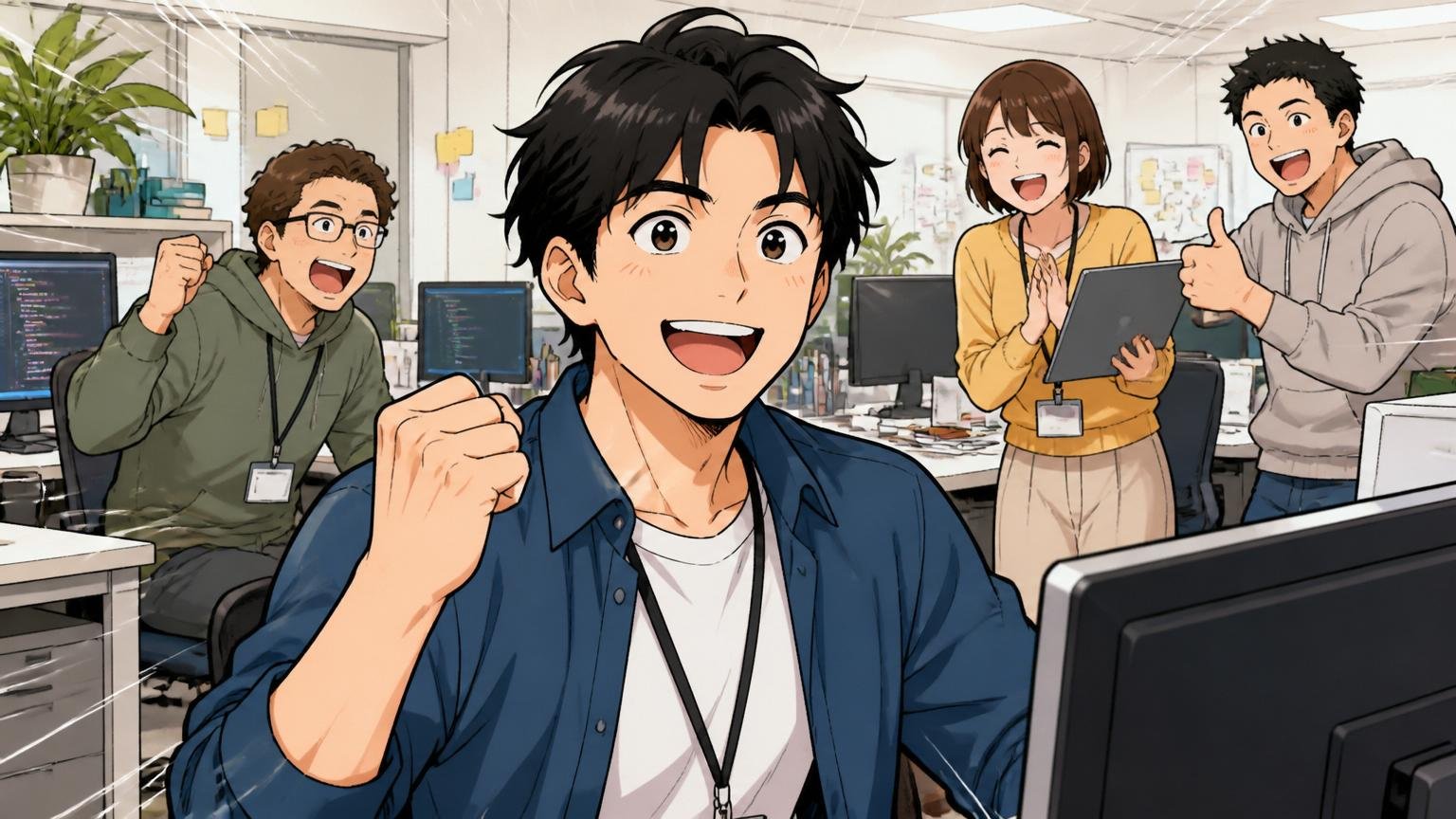 Web系スタートアップのオフィスで新しい職場に馴染む30代エンジニア、達成感のある表情