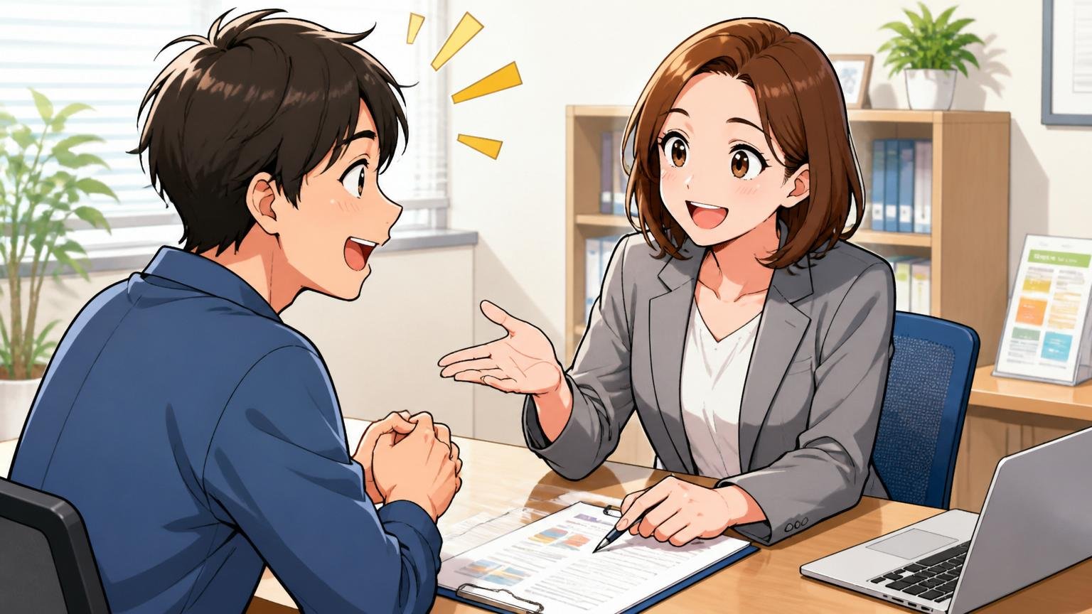 まず無料で市場価値を知る リスクゼロの第一歩 転職エージェントの面談で笑顔で相談する男性と女性アドバイザー