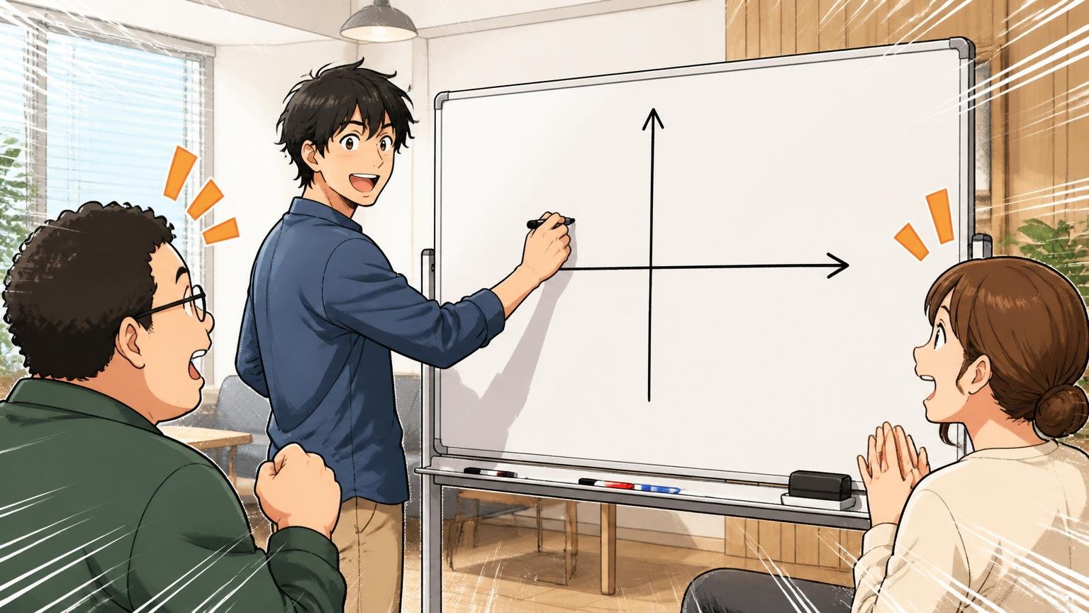 働きやすさと年収を分けて考える。私服のオフィスでホワイトボードに2つの軸を書く社員