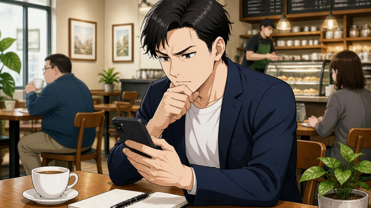 外の物差しを手に入れたほうがいい人。カフェで転職情報をスマホで調べる真剣な表情の30代男性