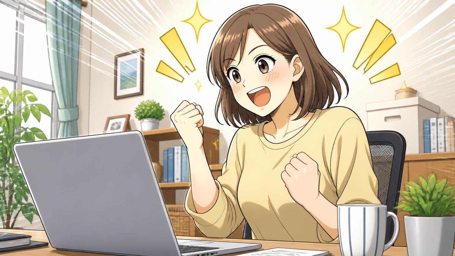適正年収という数字を知る。自宅デスクでノートパソコンに向かう30代女性が前向きな顔
