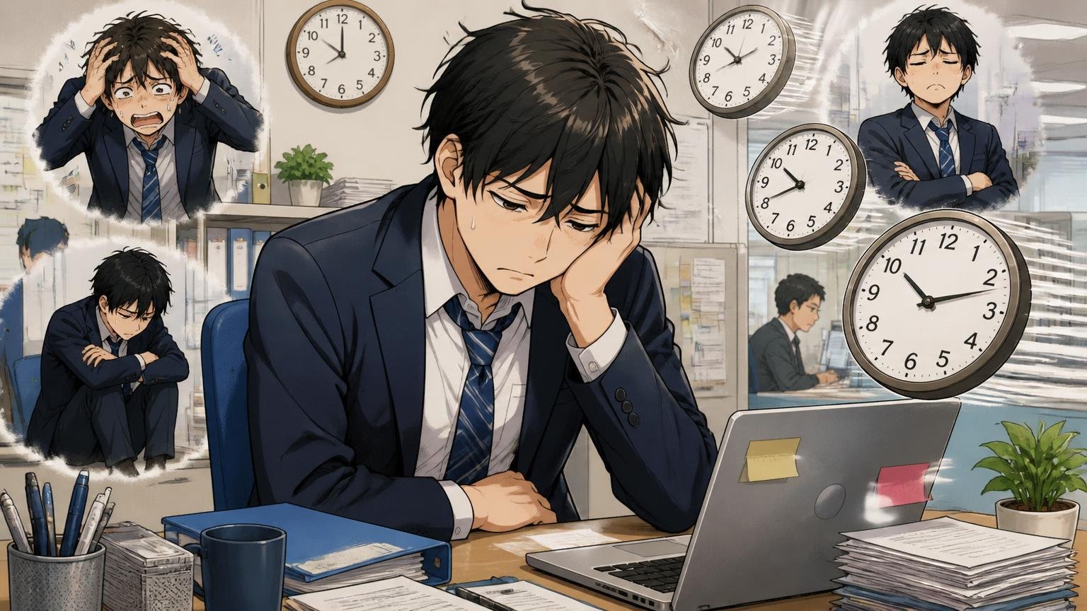何もせず不満を抱え続けるのは一番もったいない。デスクで男性社員がうつむき時間が過ぎる様子