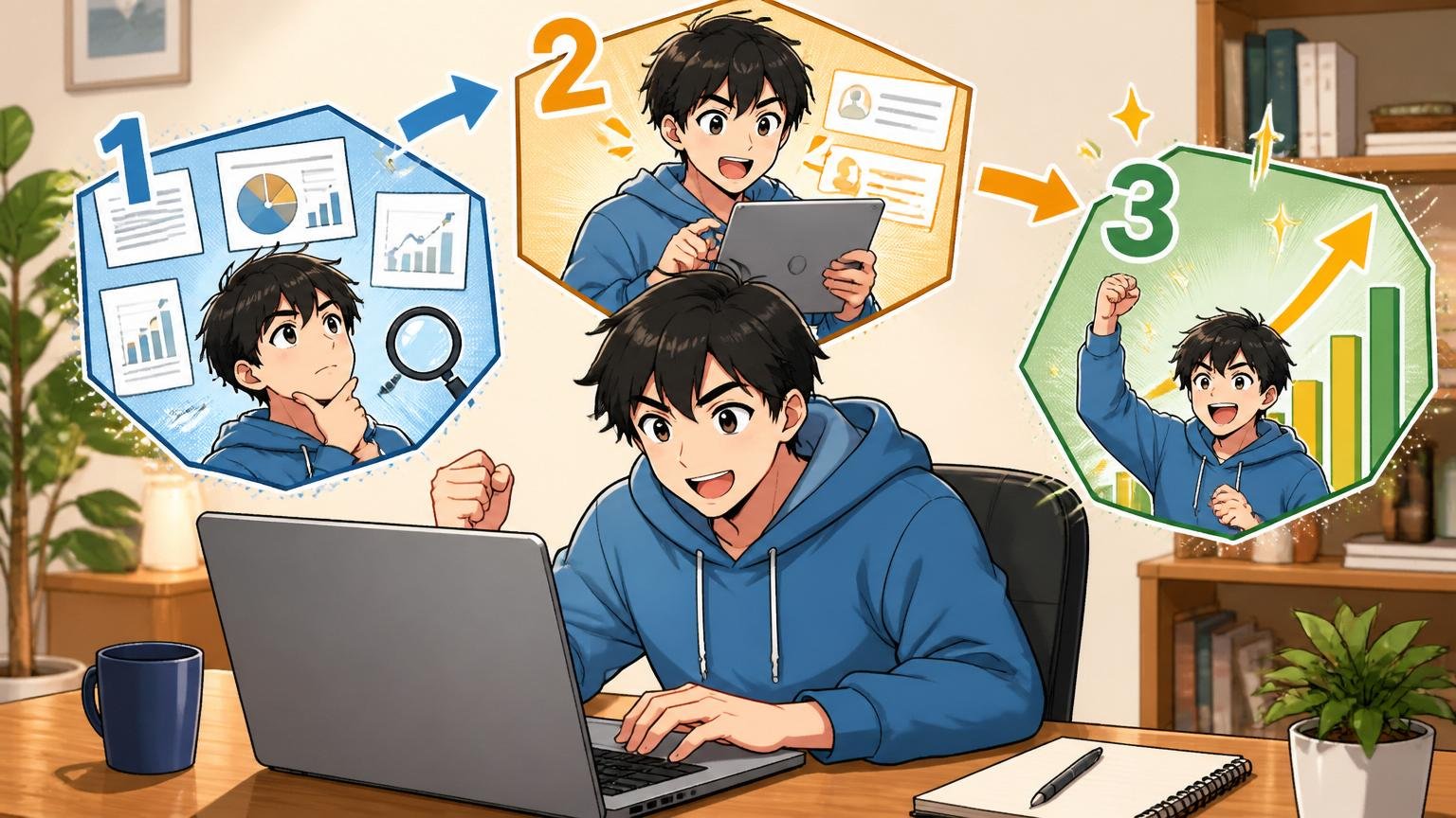 市場価値を知る3ステップ。自宅のデスクで男性エンジニア1人がノートPCに向かって前向きに作業
