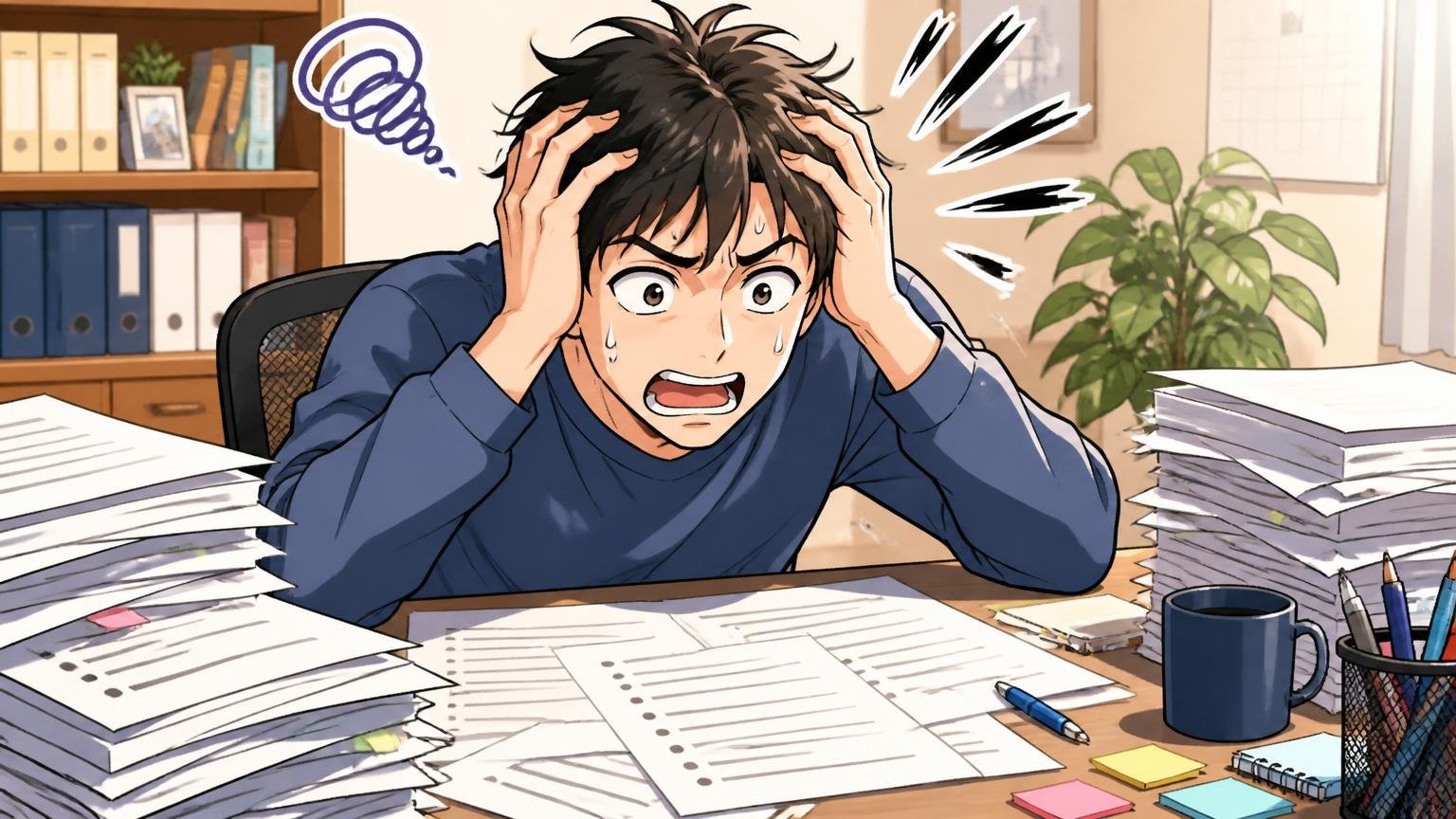 職務経歴書が担当業務の羅列になっている。自宅のデスクで男性が書類を前に頭を抱える