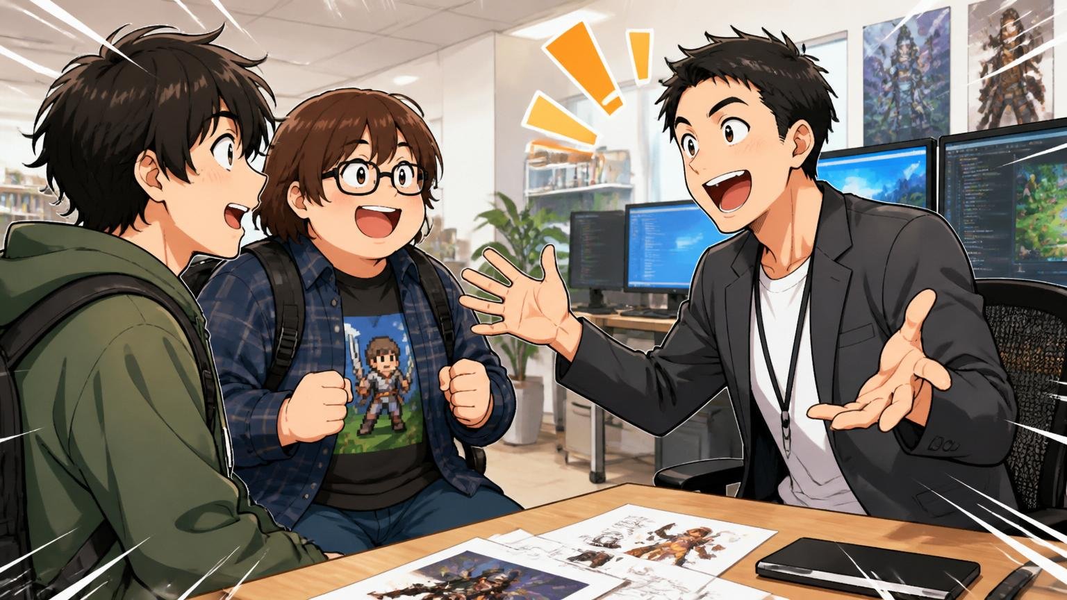 Web系企業のオフィスでゲーム出身エンジニアのスキルを高く評価し歓迎する採用担当と応募者2人