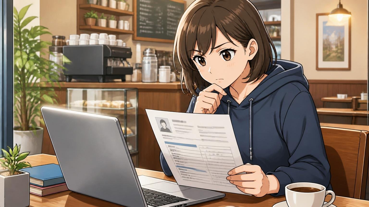 自分の市場価値を客観的に把握する カフェでノートパソコンを開き職務経歴書を見直す女性エンジニア1人
