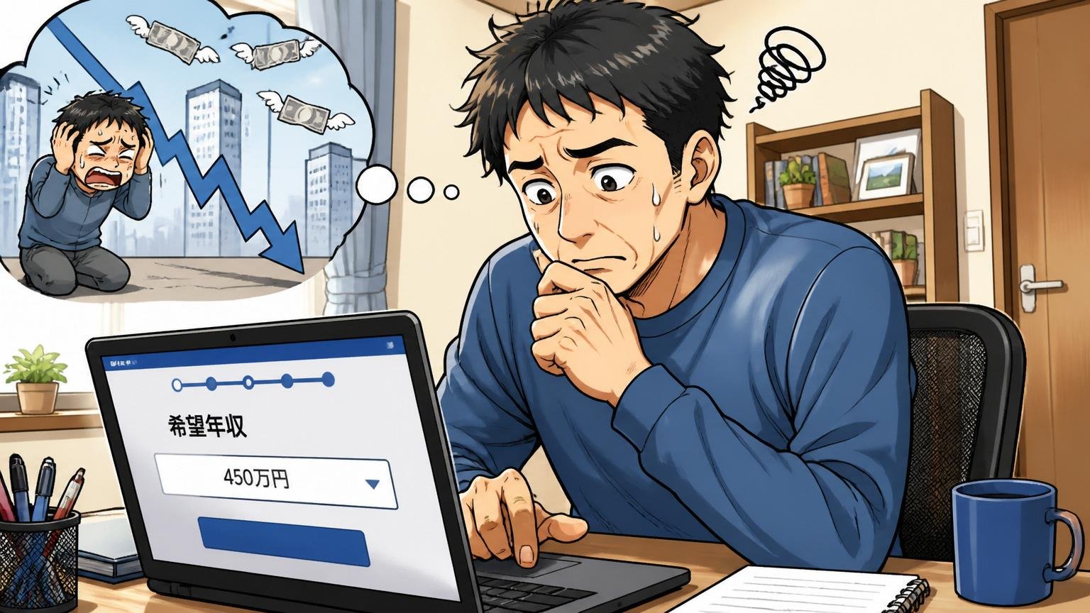 現職年収ベースで希望額を低く決める失敗。自宅のデスクで男性が転職サイトの希望年収欄で悩む表情