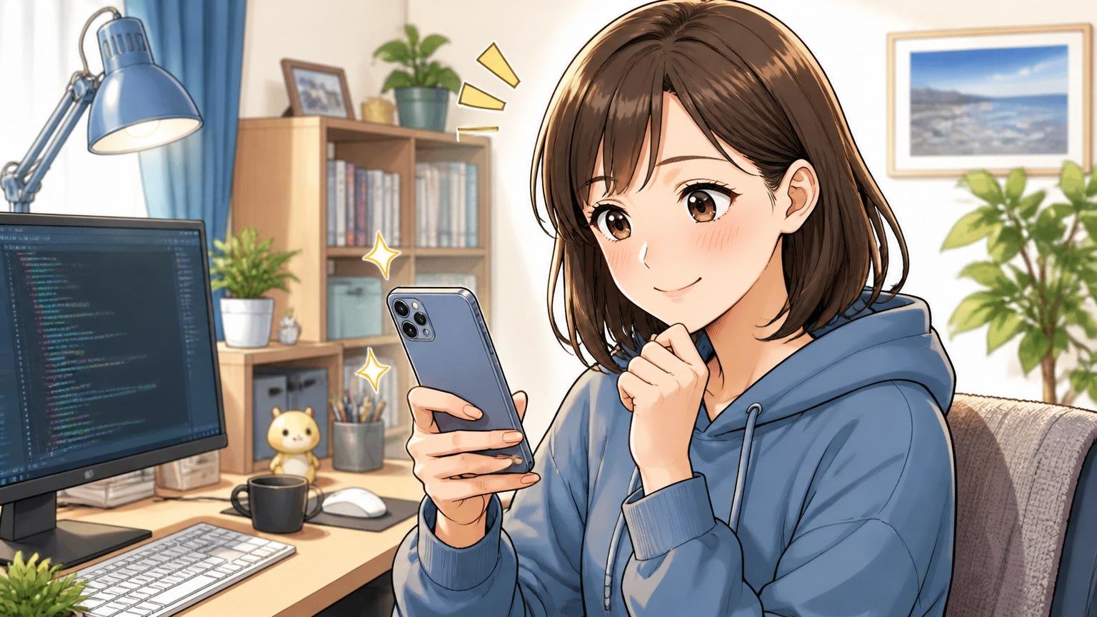 市場価値は辞めなくてもお金をかけずに知れる｜自宅のデスクでスマホを見る30代女性エンジニア1人、安心した表情