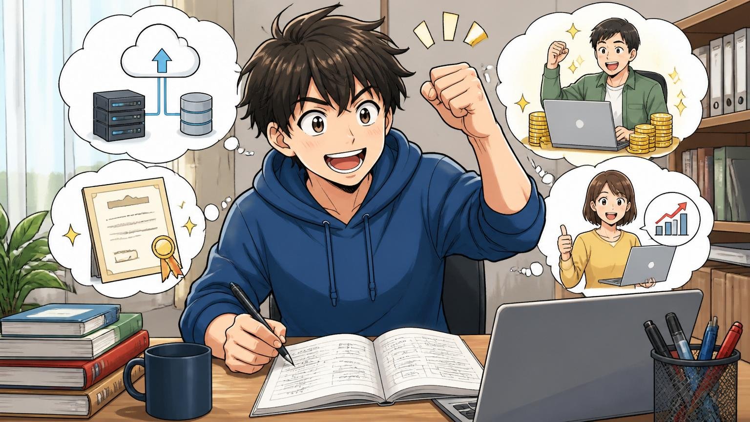 資格取得や案件選びで単価を上げる｜自宅のデスクでクラウド資格を勉強するエンジニア1人