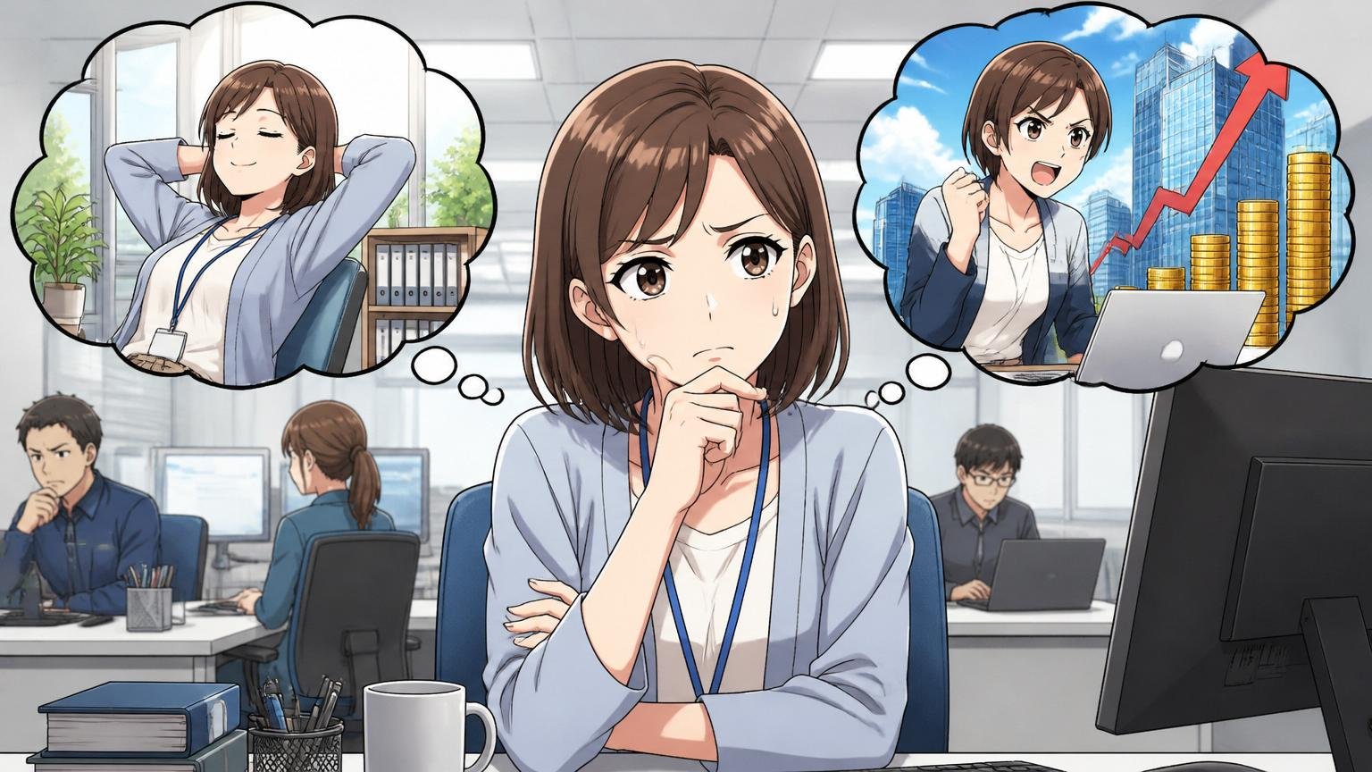 本当に欲しいのは安定か成長と年収か。SIerのオフィスで二択を前に真剣に悩む30代女性エンジニア1人