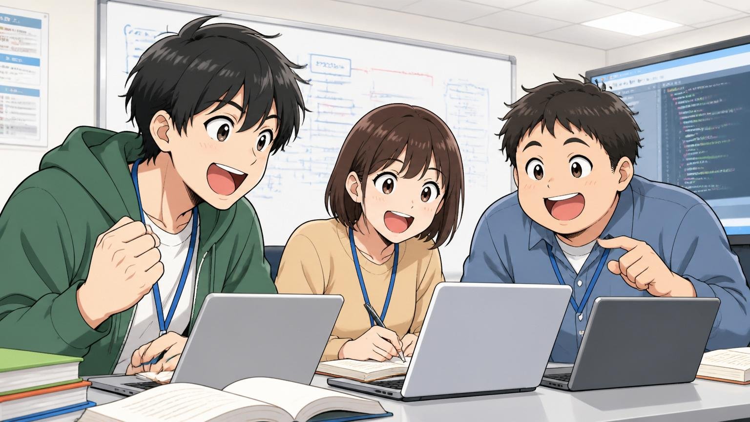 年間休日や研修など年収以外の条件。SIerの研修ルームで笑顔で学ぶ若手エンジニア3人