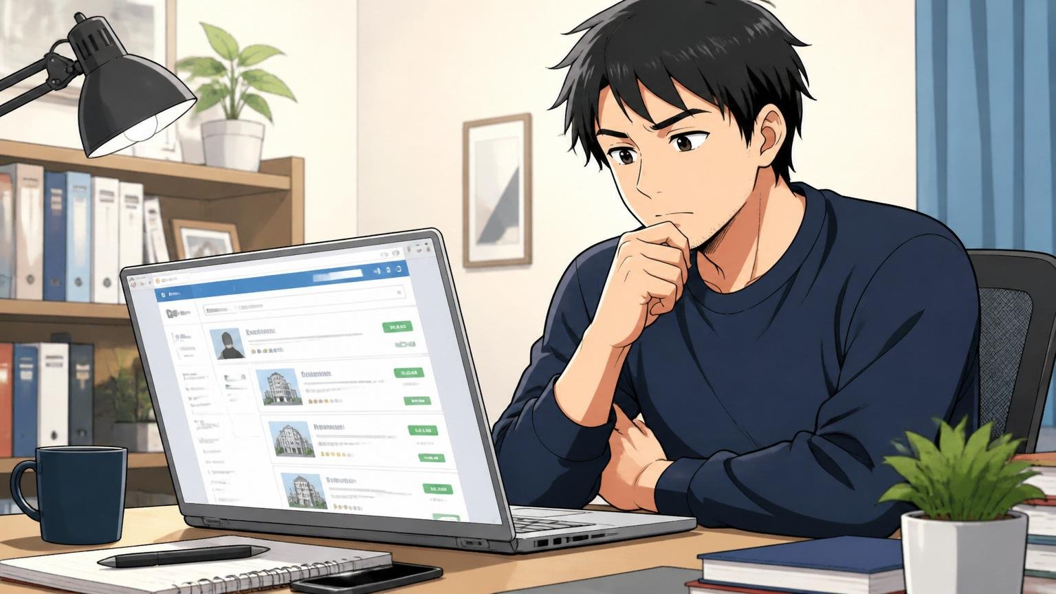 転職を検討するという選択肢が合う人。自宅のデスクで30代男性エンジニアが転職サイトを冷静に見つめる