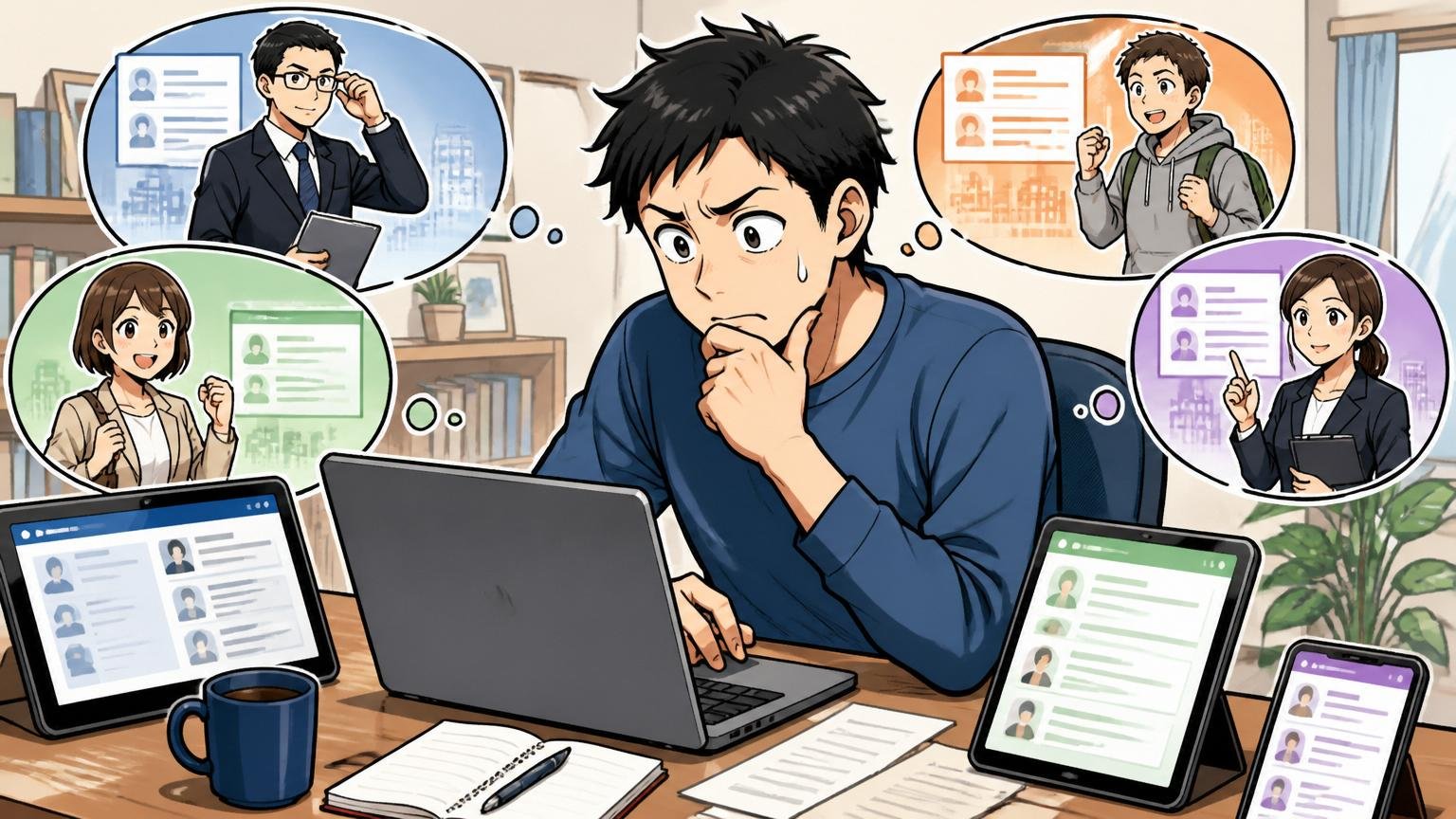 総合型1社だけに頼る危うさ。自宅のデスクで30代男性が複数の転職サービスを比較しながら在宅で調べる