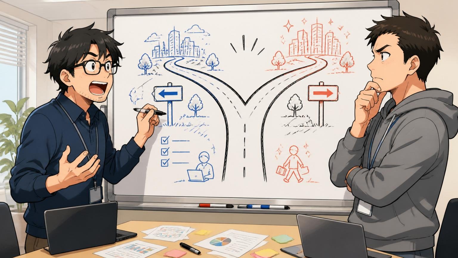 企業の会議室でホワイトボードに残る道と転職する道の分岐を書いて整理する中堅エンジニア2人