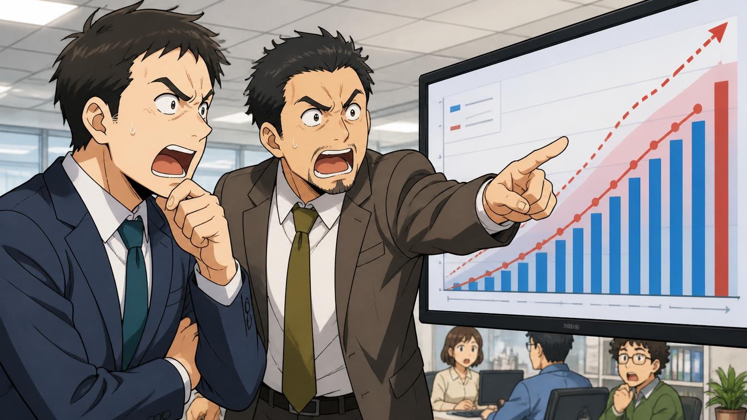 IT人材は構造的に足りていない。IT企業のオフィスで人材不足の予測グラフを指し示す男性管理職2人