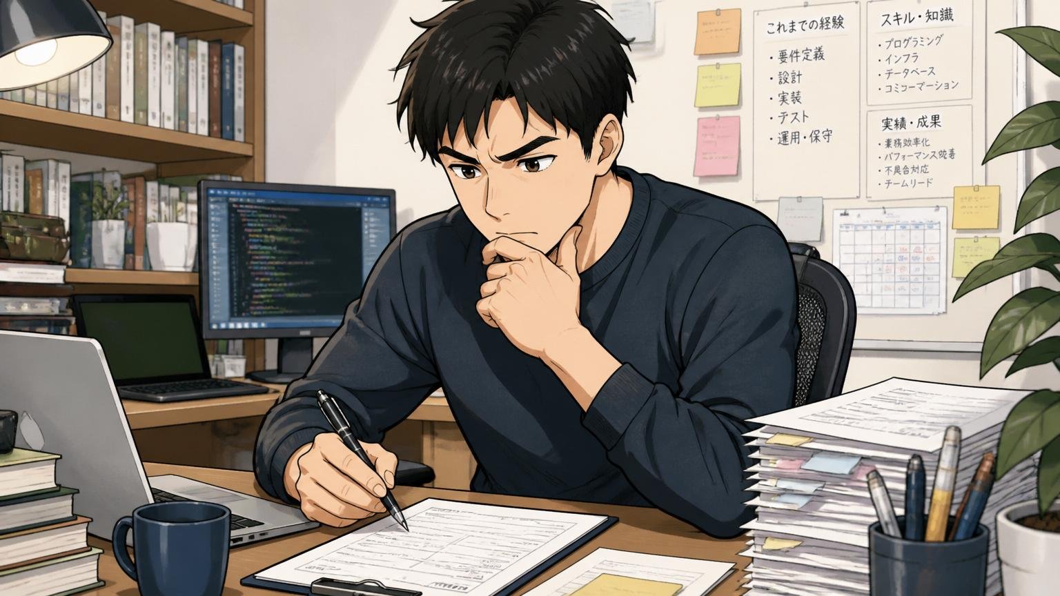 自宅のデスクで職務経歴書を書きながら自分のこれまでの経験を棚卸しして考え込む30代男性エンジニア