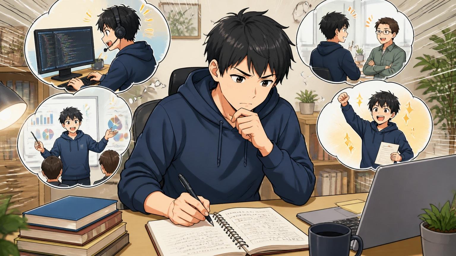 年収のモヤモヤはキャリアの棚卸しのサインかもしれない。自宅デスクでノートに書き出す男性エンジニア