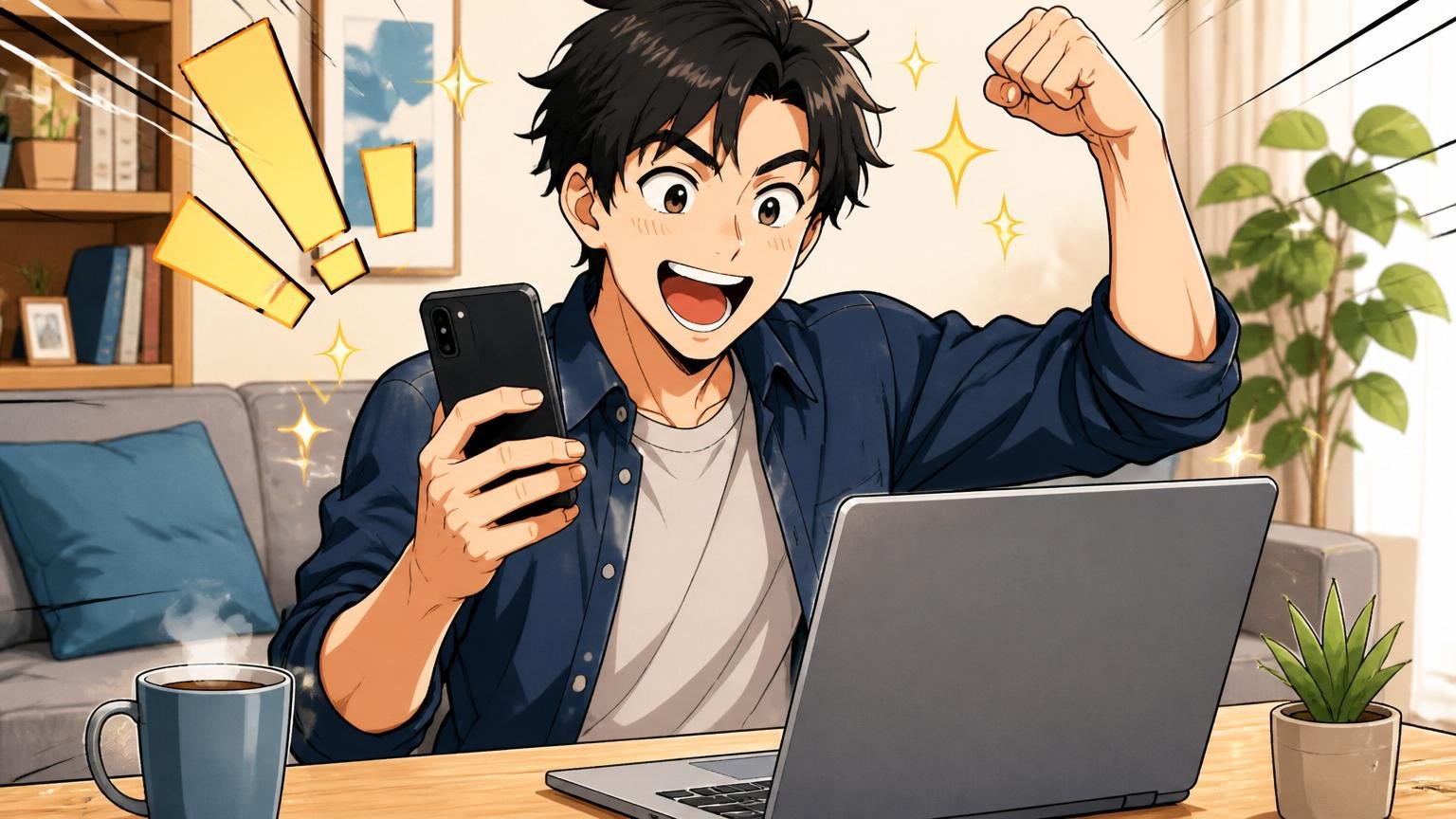 経験者の転職は年収アップが多数派、自宅のリビングで30代男性エンジニアが内定通知のメールを見て笑顔でガッツポーズ