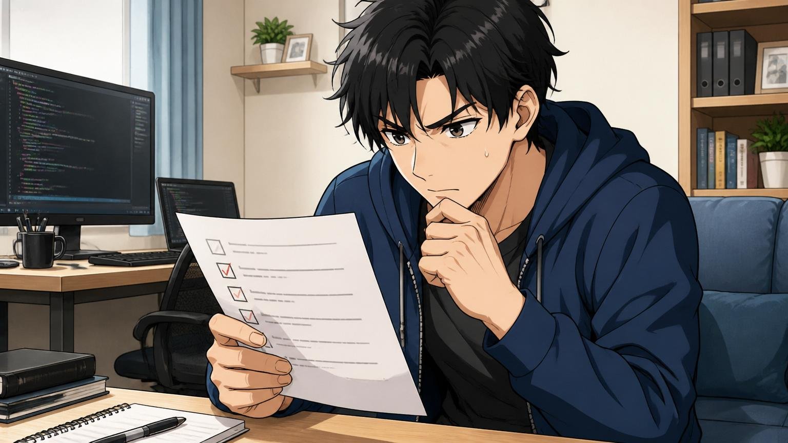 転職を検討すべきサインが出ている人。自宅で診断リストを見て表情を引き締める男性エンジニア
