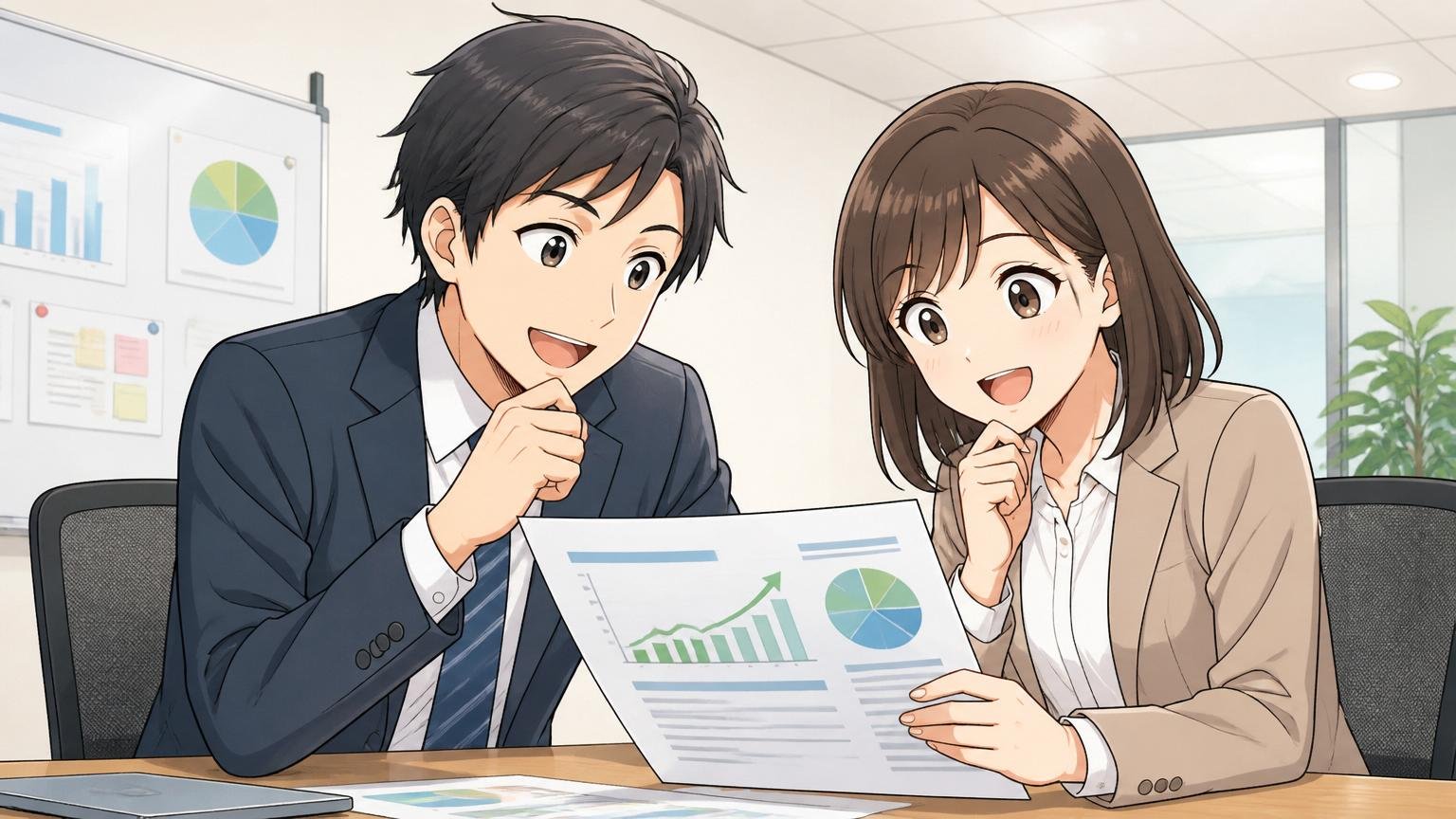 改善の動きもある SIerの会議室で新しい制度の説明資料を見て少し表情が明るくなる男女2人の社員