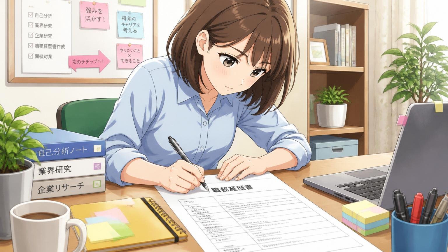 転職を検討する場合、後悔しないための準備。自宅のデスクで30代女性が職務経歴書を丁寧に書き直す