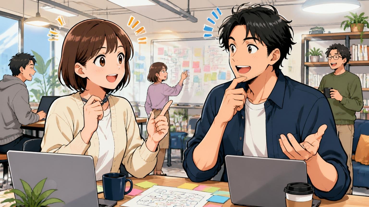 KDDIを出るメリットと出る課題 Web系スタートアップのオフィスで 20代女性と30代男性の2人 新しい働き方の選択肢について明るく話す