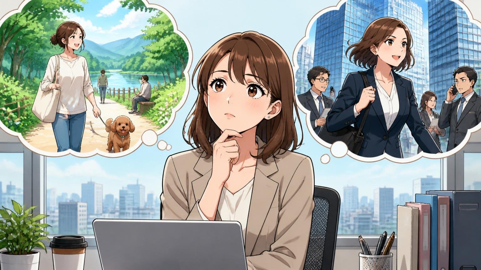残る人と動く人それぞれが見ている景色。オフィスの窓際で30代女性が2つの道を思い描き考え込む