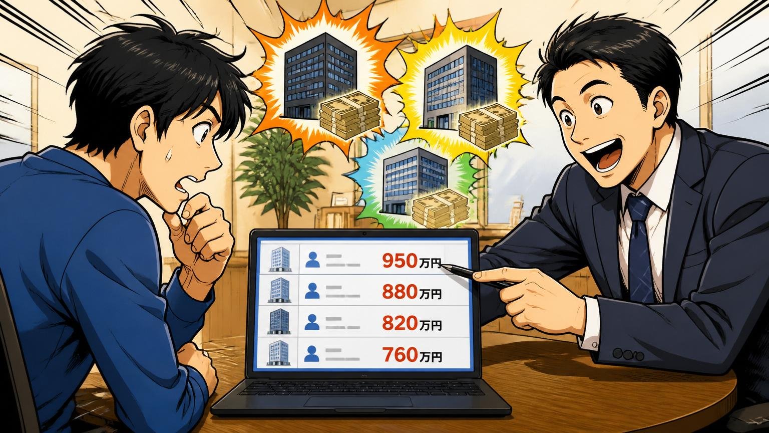 市場価値は他社がいくら出すかで決まる。転職エージェントの面談室で相談者と担当者が想定年収を見る
