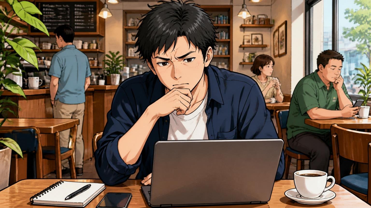 転職を検討する価値が高い人。カフェでノートPCを開く30代男性エンジニアが真剣に考え込む