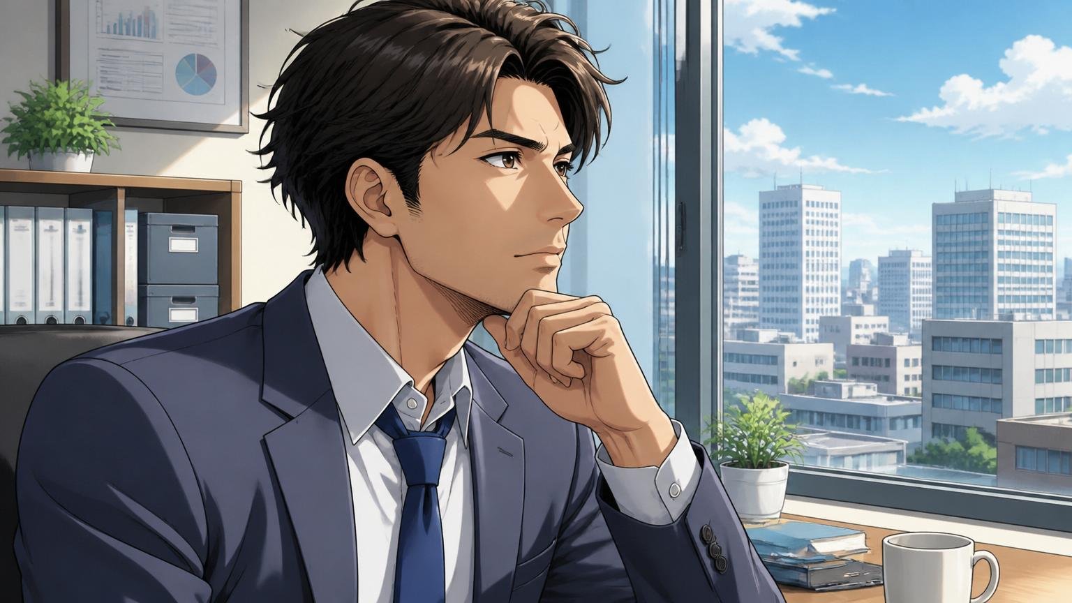 このまま待って報われるのか向き合う。窓辺で30代男性社員が遠くを見て決意する表情