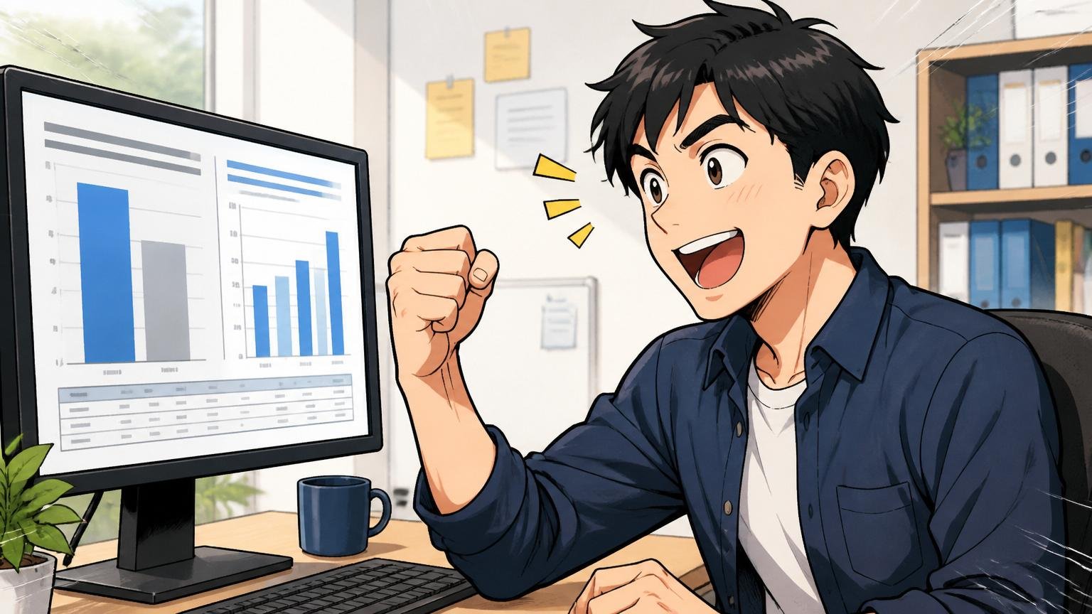 ITエンジニアの平均年収はワールドインテックの平均を上回る Web系企業で年収比較資料を見る30代男性 希望の表情