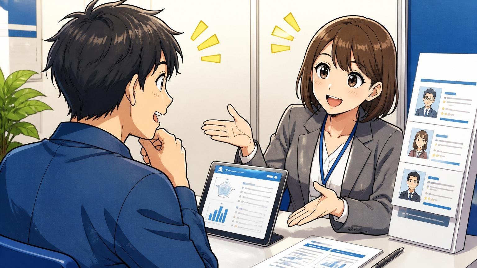 市場価値はIT特化型エージェントで無料で測れる。面談ブースで男性が女性キャリア相談員と話す