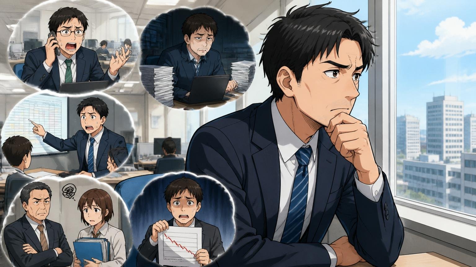 SCSKから転職を検討すべき人の5つの特徴。SIerオフィスの窓辺で、男性中堅社員1人が遠くを見つめて険しい表情で考え込む