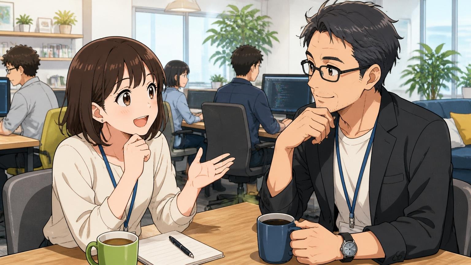 オフィスで残るべき理由を上司と相談する場面。Web系SaaSのオフィスで20代女性社員と40代男性メンターがお茶を飲みながら穏やかに話す。2人のシーン