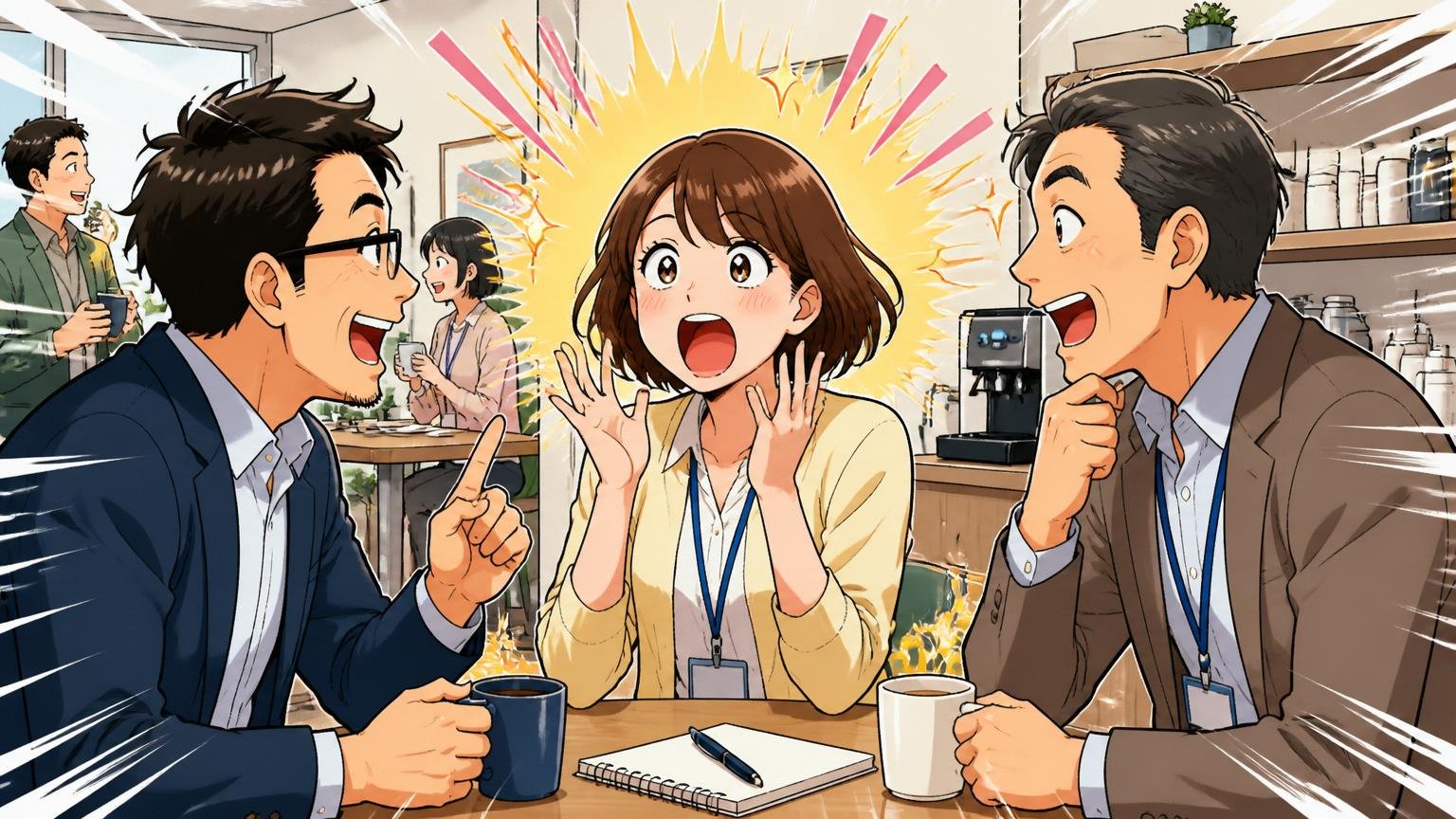 Web系企業の社内コーヒーコーナーでキャリア面談する30代女性社員と40代男性上司2人。社内異動の選択肢への気づきをオーバーリアクションで表現
