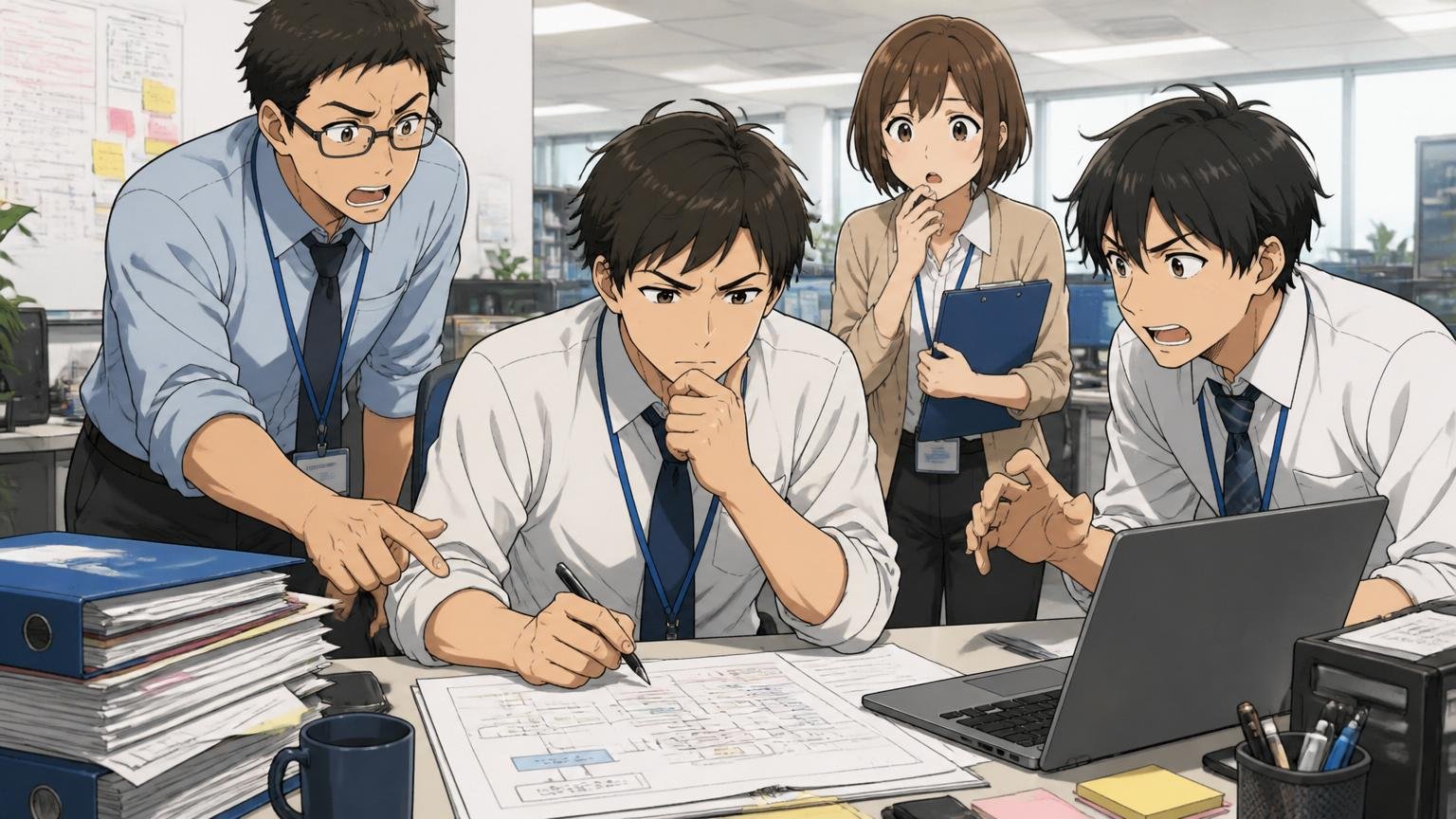 大企業のオフィスのデスクで社内システム計画書とPCに向き合う社内SEのチームメンバー