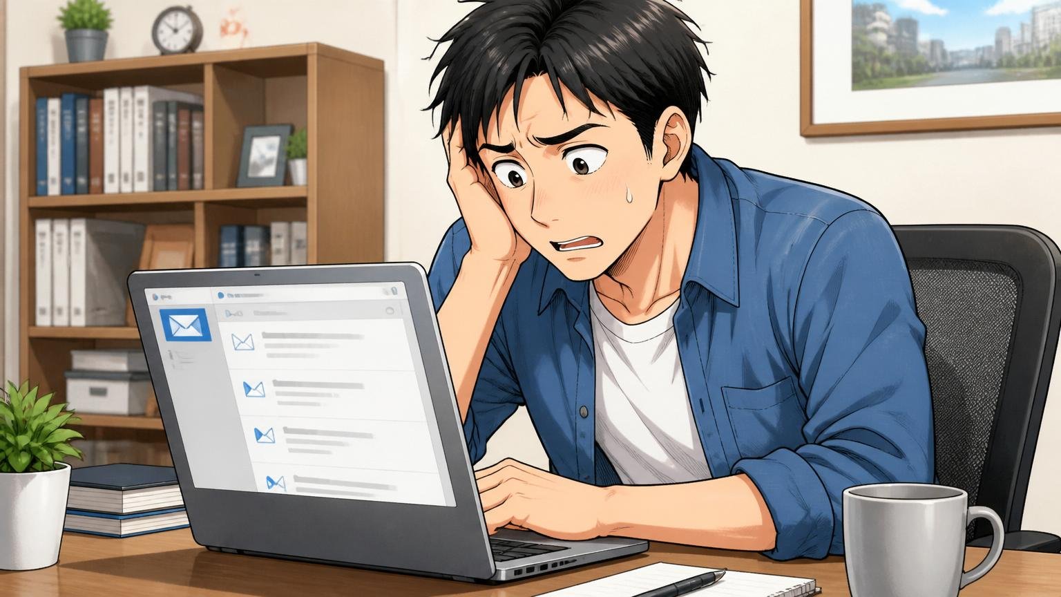 失敗②転職エージェント1社だけに依頼して比較しない。自宅のデスクで、30代男性エンジニアが1社のエージェントから来た数件のメールだけを見て困った顔をしている