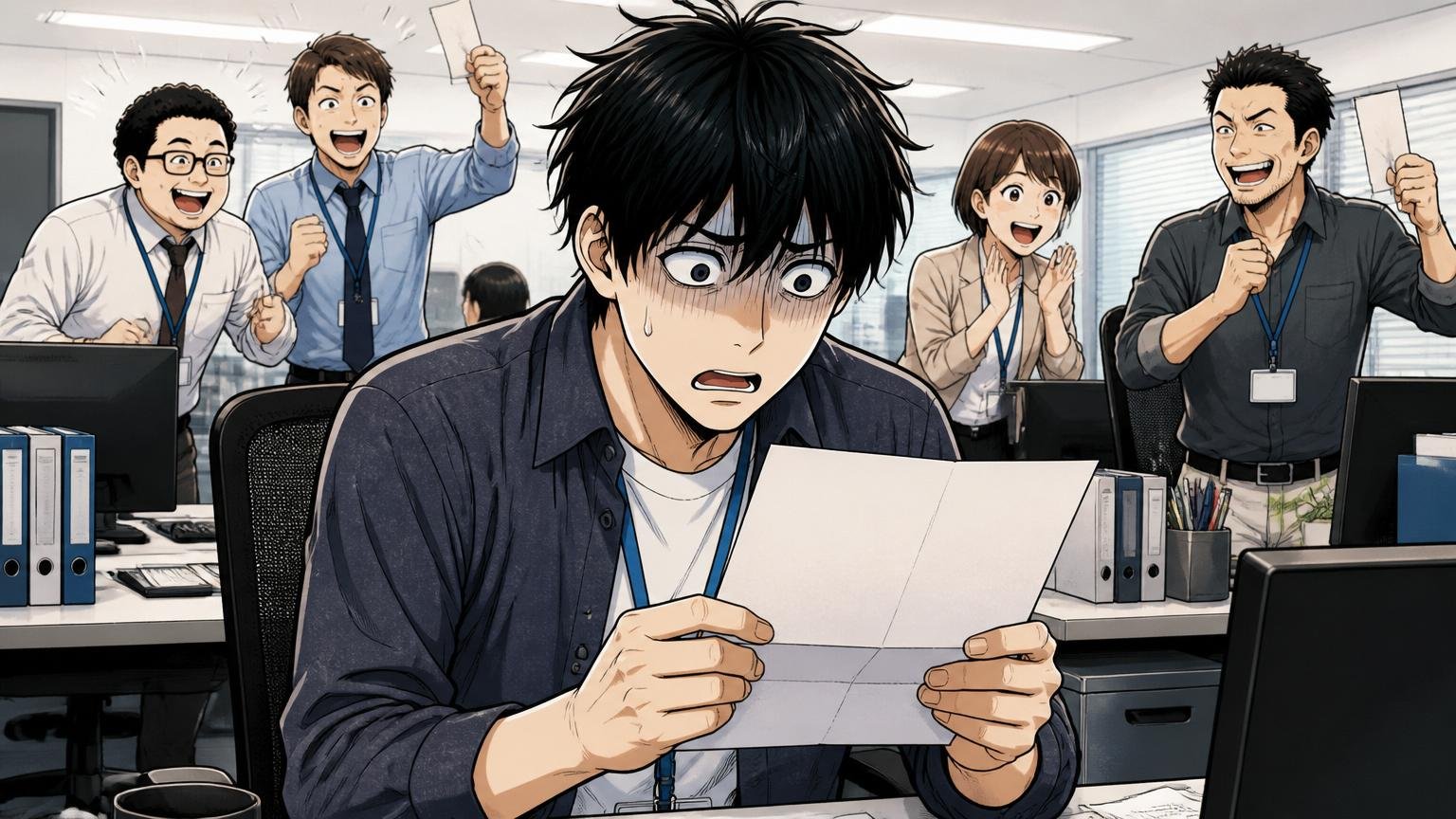 企業のオフィスで内定通知を見て呆然とする30代エンジニア1人、同僚との年収差に気づいた瞬間