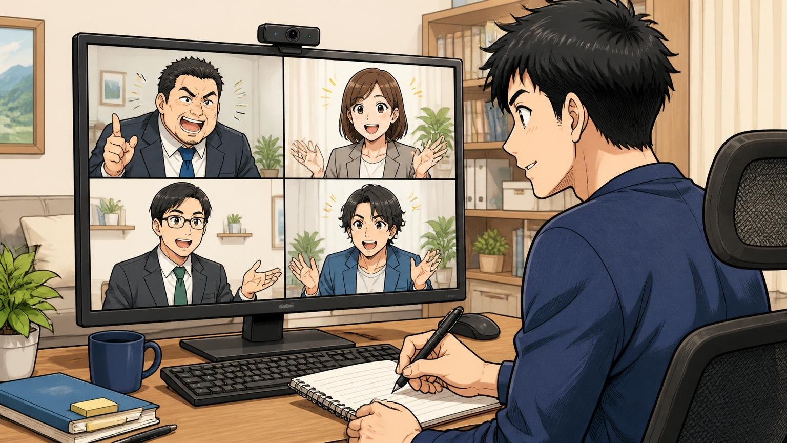 自宅のデスクで複数の転職エージェントと面談する画面とメモを取る30代エンジニア