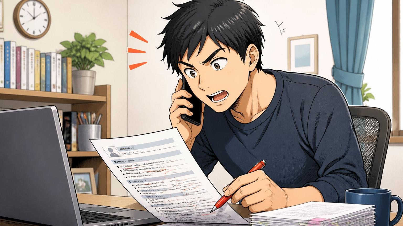 自宅のデスクでエージェントと電話しながら職務経歴書を添削する30代エンジニア1人