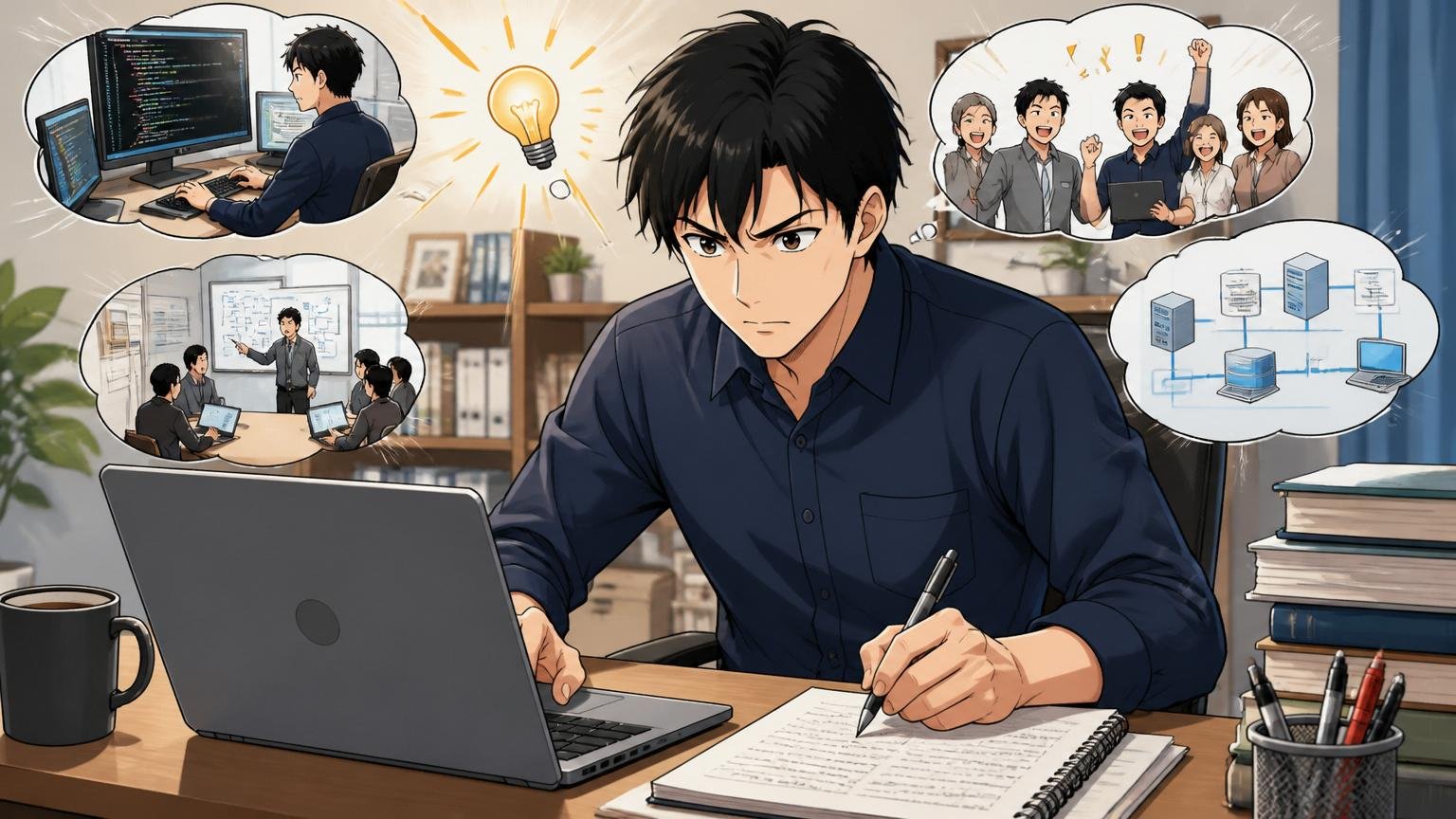 職務経歴書をストーリーで書く30代男性SEが自宅のデスクで真剣にPC画面に向かい職務経歴書を書く