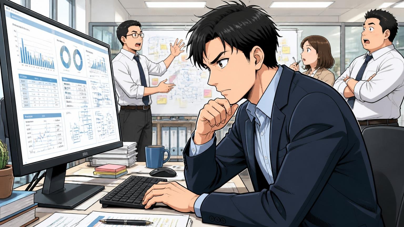 大企業基準のドキュメント力・ステークホルダー調整力。企業のオフィスで30代男性が大型の提案資料をモニターでレビューする集中した表情