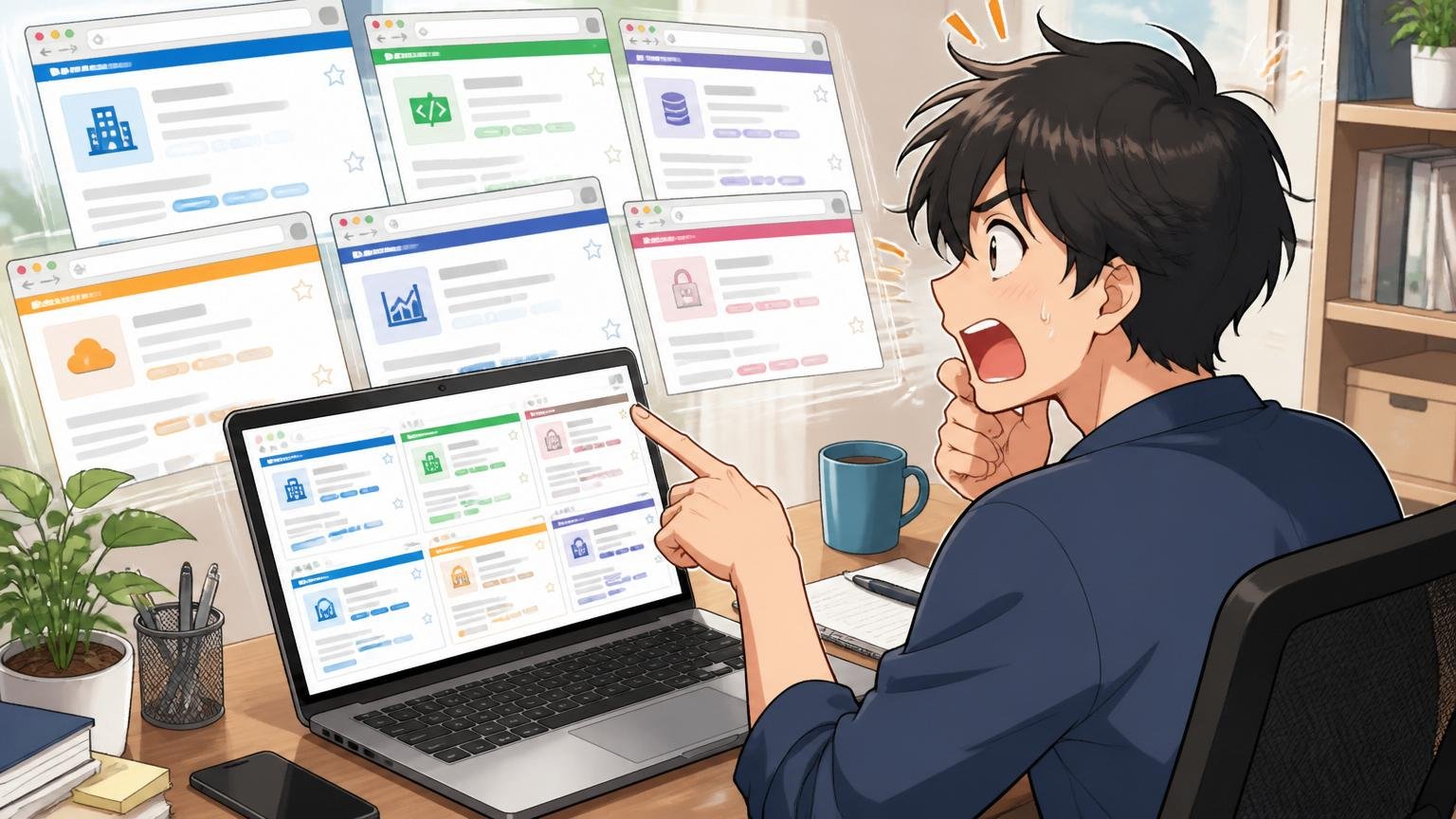 求人サイトを開いて多数の求人を比較する転職検討者｜自宅のデスクで在宅勤務しながら複数のIT求人をブラウザで比較する30代会社員